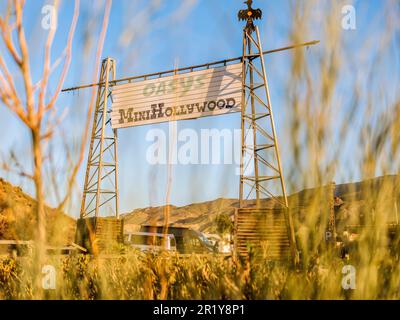 Almeria , Spain - December 30th 2022 Great view of the entrance of Oasys (formerly known as Mini Hollywood) is a Spanish Western-styled theme park in Stock Photo