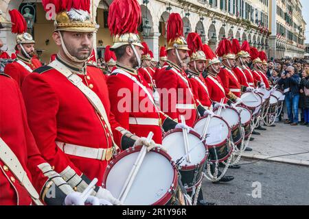 Drummers of The Old Philharmonic marching band, Agios Spyridon (Saint Spyridon) procession, Holy Saturday, Holy Week, Liston promenade at Eleftherias Street, town of Corfu, Corfu Island, Greece Stock Photo