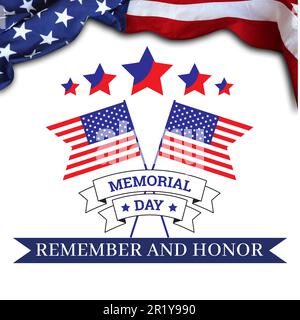 Memorial Day vector illustration - American flag, stars and stripes, patriotic symbols and text - USA, national holiday, honor, remembrance. Stock Vector