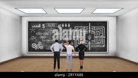 three businesspeople looking on blackboard with drawing business symbol and labyrinth Stock Photo