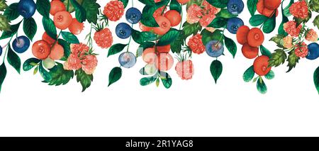 Seamless watercolour forest berries raspberry, blueberry, cranberry border with berries and leaves hand drawn isolated on white Stock Photo