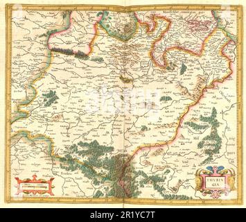 Atlas, map from 1623, Thuringia, Germany, digitally restored reproduction from an engraving by Gerhard Mercator, born as Gheert Cremer, March 5, 1512 - December 2, 1594, geographer and cartographer  / Landkarte aus dem Jahre 1623, Thüringen, Deutschland, digital restaurierte Reproduktion von einem Kupferstich von Gerhard Mercator, geboren als Gheert Cremer, 5. März 1512 - 2. Dezember 1594, Geograph und Kartograf Stock Photo