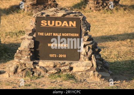 Grave of the last male northern white rhino Sudan. Ol Pejeta Conservancy. Laikipia Plateau, Kenya, Africa, Rhino cemetery, rhino headstones marking wh Stock Photo