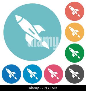 Single launched rocket flat white icons on round color backgrounds Stock Vector