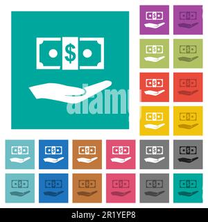 Palm and dollar banknote multi colored flat icons on plain square backgrounds. Included white and darker icon variations for hover or active effects. Stock Vector