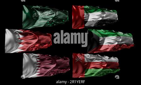 Flags of Gulf Cooperation Council Waving in the wind, GCC National flags, fabric texture, close-up, alpha channel, UAE, Qatar, Saudi Arabia, Kuwait, Stock Photo
