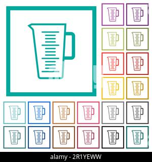 Measuring cup outline flat color icons with quadrant frames on white background Stock Vector