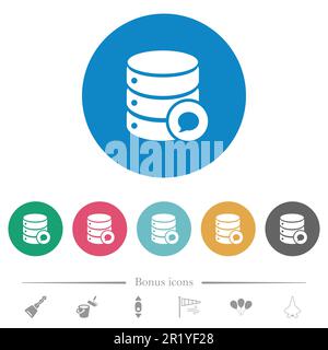 Database messages flat white icons on round color backgrounds. 6 bonus icons included. Stock Vector