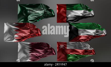 Flags of Gulf Cooperation Council Waving in the wind, GCC National flags, fabric texture, close-up, alpha channel, UAE, Qatar, Saudi Arabia, Kuwait, Stock Photo