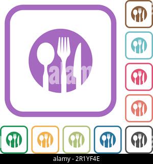 Tableware set solid simple icons in color rounded square frames on white background Stock Vector