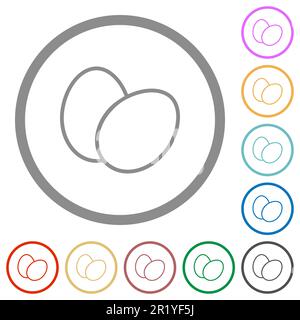 Two eggs outline flat color icons in round outlines on white background Stock Vector
