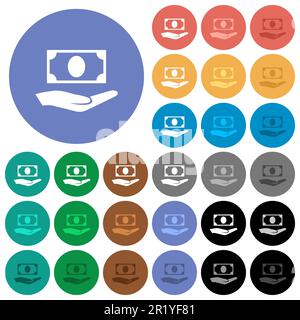Palm and money multi colored flat icons on round backgrounds. Included white, light and dark icon variations for hover and active status effects, and Stock Vector