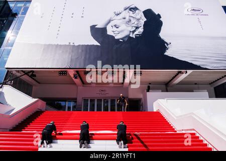 Cannes, France. 16th May, 2023. Workers prepare the red carpet ahead of the opening of the 76th Cannes Film Festival in Cannes, southeastern France, on May 16, 2023. Photo by David Boyer/ABACAPRESS.COM Credit: Abaca Press/Alamy Live News Stock Photo