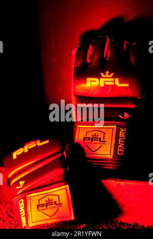 May 15, 2023, Los Angeles, CA, Los Angeles, CA, United States: Los Angeles, CA - May 16: Francis Ngannou's PFL gloves at Professional Fighters League - Francis Ngannou workout at Unbreakable Performance Center on May 10, 2023 in Los Angeles, CA (Credit Image: © Louis Grasse/PX Imagens via ZUMA Press Wire) EDITORIAL USAGE ONLY! Not for Commercial USAGE! Stock Photo