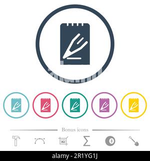 Edit note solid flat color icons in round outlines. 6 bonus icons included. Stock Vector