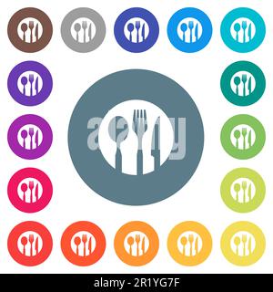 Tableware set solid flat white icons on round color backgrounds. 17 background color variations are included. Stock Vector