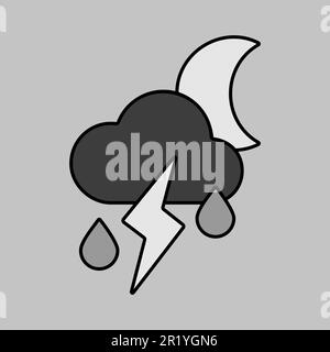 Moon cloud with fall rain and lightning vector grayscale icon. Meteorology sign. Graph symbol for travel, tourism and weather web site and apps logo, Stock Vector