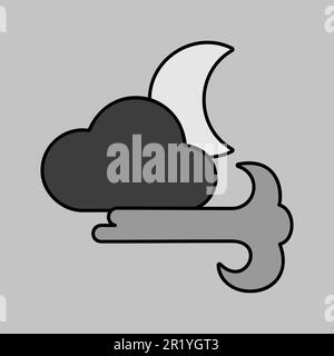 Moon cloudy and wind vector grayscale icon. Meteorology sign. Graph symbol for travel, tourism and weather web site and apps design, logo, app, UI Stock Vector