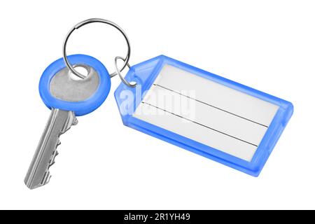 Door key with blue blank tag islated on white  background Stock Photo