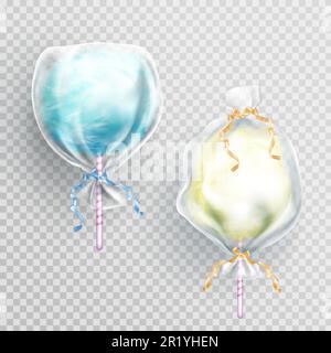 Cotton candy in package bag isolated on transparetn background. Vector realistic set of blue and yellow sugar floss clouds in clear plastic wrapper with ribbons. Sweet fluffy snack on summer fair Stock Vector