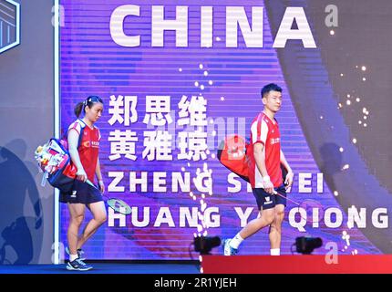 (230516) -- SUZHOU, May 16, 2023 (Xinhua) -- Zheng Siwei (R)/Huang Yaqiong steps into the court prior to the the mixed doubles group A match between China and Singapore at BWF Sudirman Cup in Suzhou, east China's Jiangsu Province, May 16, 2023. (Xinhua/Hou Zhaokang) Stock Photo