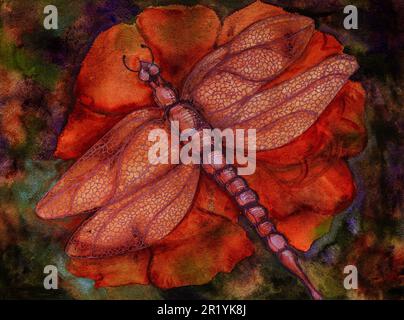 Dragonfly on a red rose with background in dark colors. The dabbing technique near the edges gives a soft focus effect due to the altered surface roug Stock Photo
