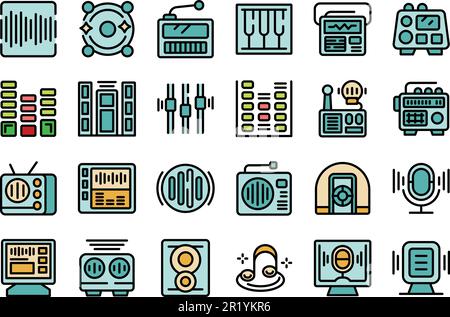 Radio room icons set outline vector. Studio record. Audio music thin line color flat on white Stock Vector