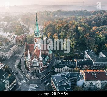 St. Joseph's Church, Podgórze, Kraków, Cracow, Poland, Europe, aerial view, by drone.  Podgórski Square , Krzemionki foothills, Bednarski park. Stock Photo