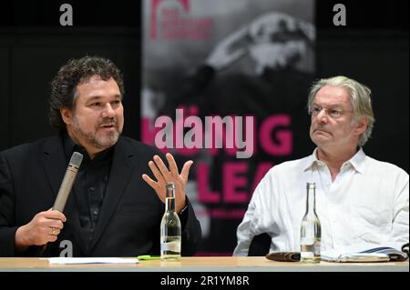 Bad Hersfeld, Germany. 16th May, 2023. Actor Max Herbrechter (r) listens to artistic director Joern Hinkel as he welcomes the start of rehearsals for 'King Lear. Shakespeare's drama will celebrate its premiere at the 72nd Bad Hersfeld Festival on June 30, 2023. Credit: Uwe Zucchi/dpa/Alamy Live News Stock Photo