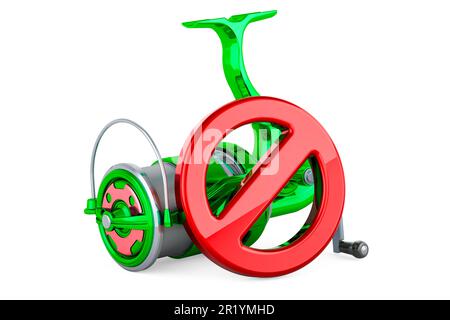 Spinning reel with forbidden symbol. 3D rendering isolated on white background Stock Photo