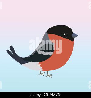 Cute Eurasian bullfinch bird illustration. The background is soft blue pink gradient Stock Vector