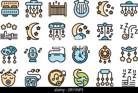 Lullaby icons set outline vector. Moon crescent. Baby sleep thin line color flat on white Stock Vector