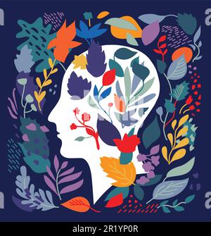 Mental health metaphor plant ornament and brain in human head. Color vector illustration Stock Vector