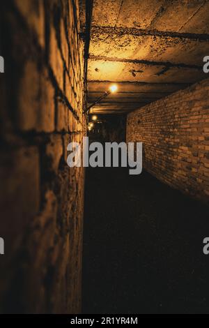 concrete underground tunnel with brick walls Stock Photo