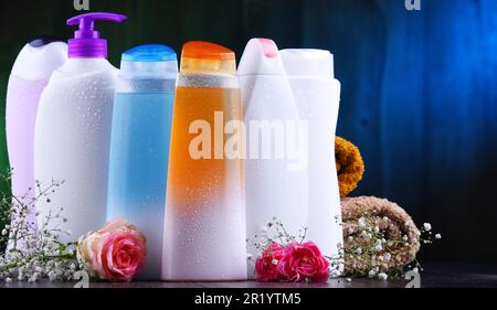 Plastic bottles of body care and beauty products Stock Photo