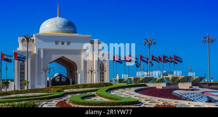 ABU DHABI, UNITED ARAB EMIRATES - FEB 10, 2019: Entry gate to the Presidential Palace in Abu Dhabi, UAE Stock Photo
