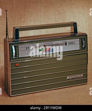 Radio FM/LW. A picture taken in the 1950s- 1960s of a portable transistor radio. On the front of it a scale with knobs to turn to listen to radio stations transmitting on different frequencies.  Sweden 1959. ref BV68-6 Stock Photo