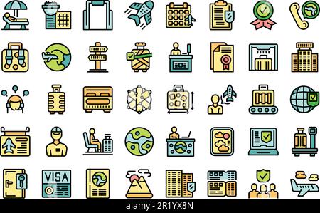 Travel agent icons set outline vector. Abroad journey. Go tourism thin line color flat on white Stock Vector