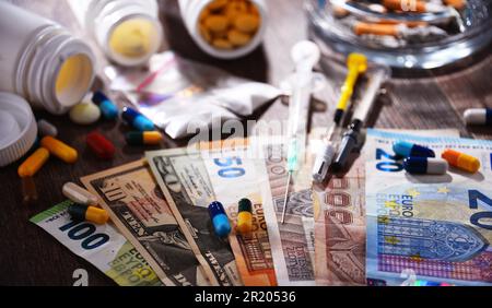Addictive substances, including cigarettes and drugs Stock Photo