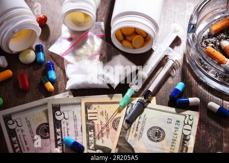 Addictive substances, including cigarettes and drugs Stock Photo