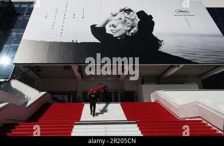 Cannes, France. 16th May, 2023. Staff members install the red carpet at the Palais des Festivals ahead of the 76th edition of the Cannes Film Festival in Cannes, southern France, May 16, 2023. The film festival will be held from May 16 to 27 this year. Credit: Gao Jing/Xinhua/Alamy Live News Stock Photo