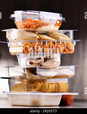 A variety of prepackaged food products in plastic boxes Stock Photo