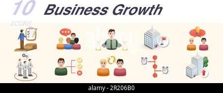 Business growth set. Creative icons: advancement planning, consultative for the team, decision making, organization goal, collaborative resolution Stock Vector