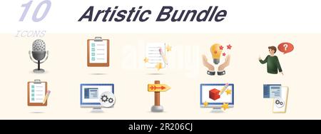 Artistic bundle set. Creative icons: studio, brief, creative process, inspiration, thinking, test, web development, vector, logo design, mobile app. Stock Vector