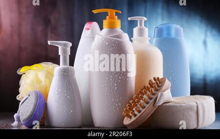 Plastic contaiers of shampoos and shower gels Stock Photo