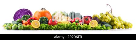 Composition with fresh vegetables and fruits isolated on white background Stock Photo