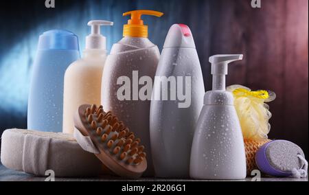 Plastic contaiers of shampoos and shower gels Stock Photo