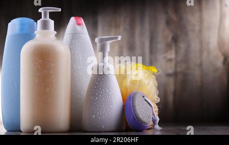 Plastic contaiers of shampoos and shower gels Stock Photo