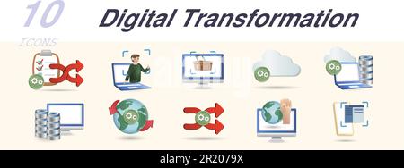 Digital transformation set. Creative icons: vehicle to grid, search engine optimization, pull economy, machine learning, 3d manufacturing, advanced Stock Vector