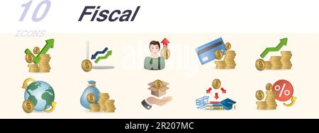 Fiscal set. Creative icons: financial economic, fluctuation, self investing, payment method, increased profit, global economy, capital, commodity Stock Vector